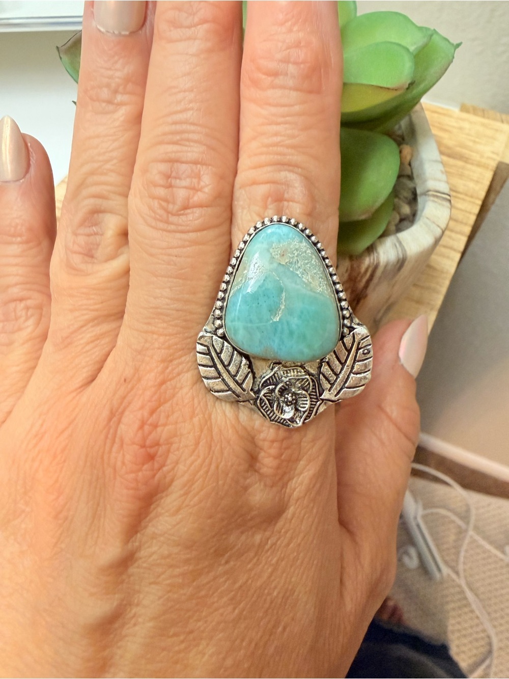 Turquoise Leaf Silver-Accent Statement Ring